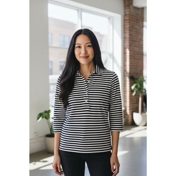 J McLaughlin Navy and White Striped 3Q Sleeve 1/2 Button Collared Pullover XS - Picture 1 of 9
